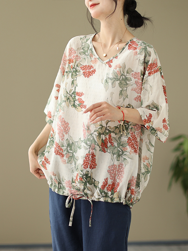 Short Linen Drawstring - Sommerliches, lockeres Baumwoll-Leinen-Print-T-Shirt in großer Größe,